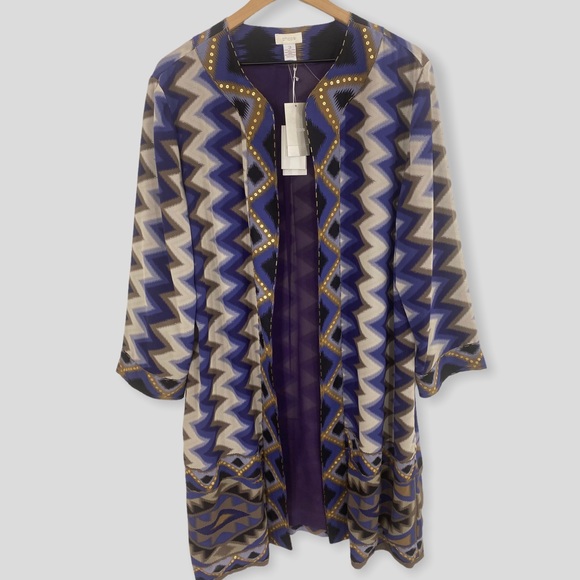 Chico's Jackets & Blazers - Chico’s Purple Zig Zag Geometric Print Duster with Beading NWT